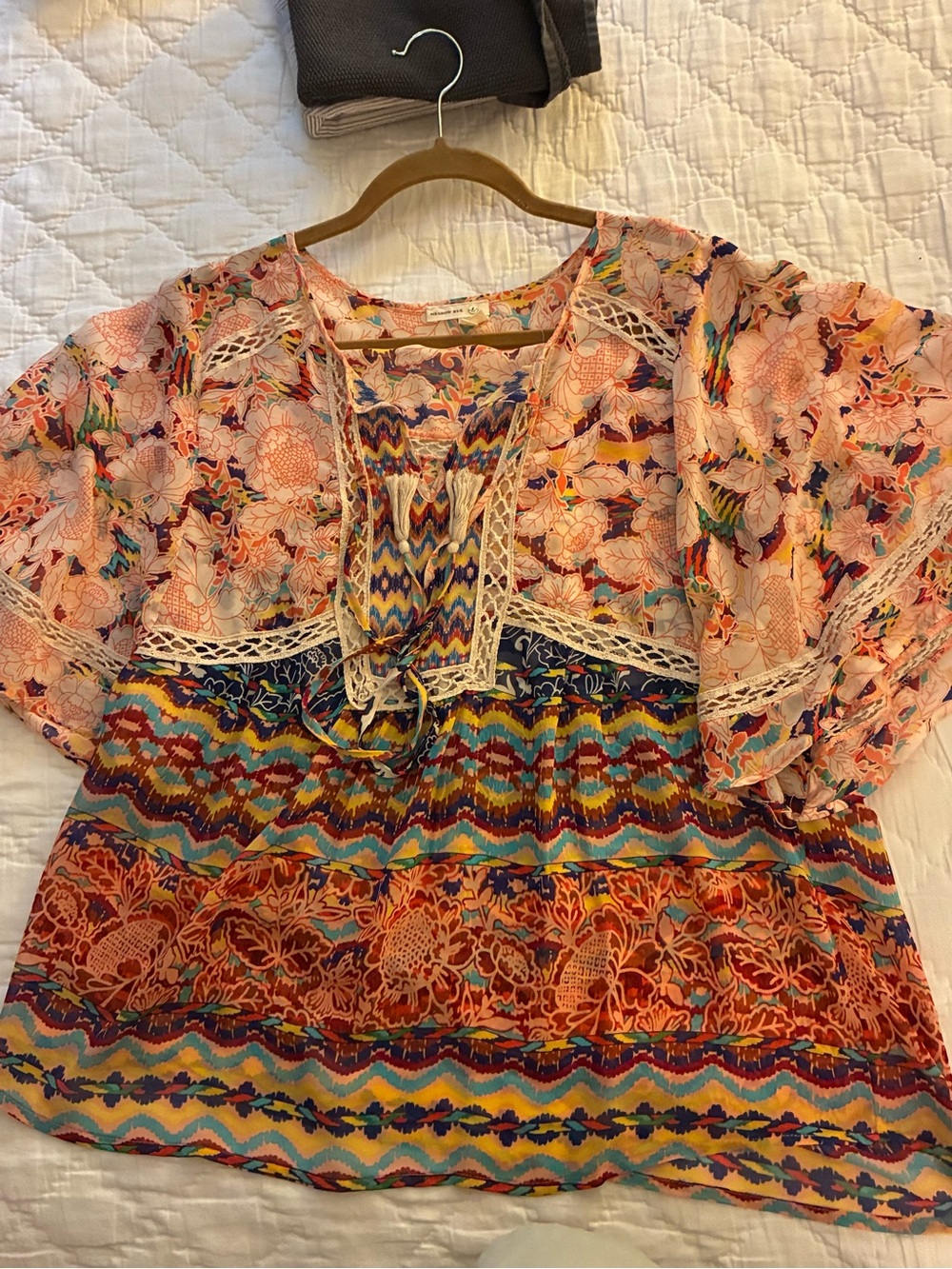 Meadow Rue Multicolor Floral and Chevron Peasant Blouse